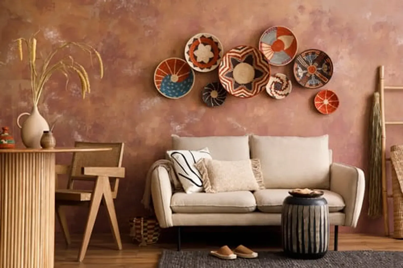 Warm terracotta living room with woven baskets displayed on the wall and a linen sofa